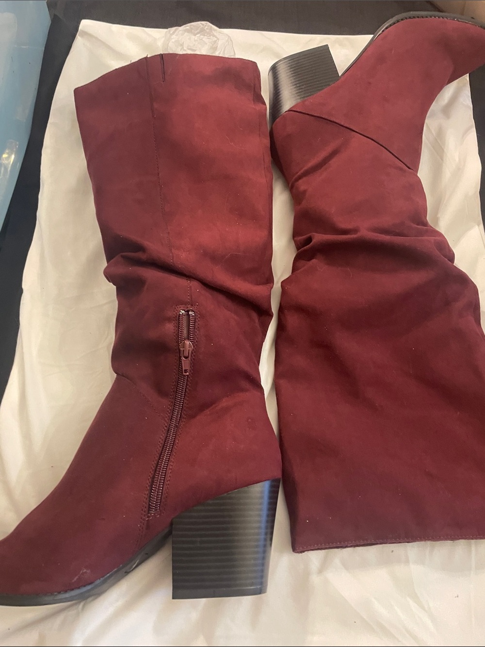 Burgundy Suede-Look Block Heel Knee Boots